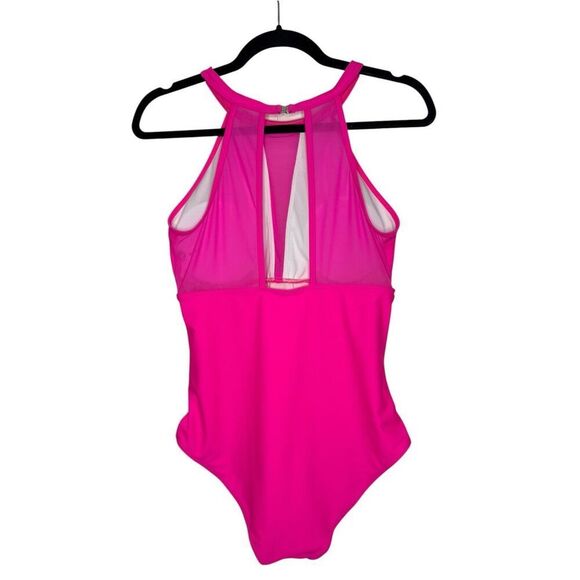 Women’s Medium One Piece Swimsuit Fuchsia Pink High Neck Mesh NEW - Picture 6 of 8